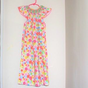 Boutique Smocked Polka Size 6x Pink, White, and Teal polka dot dress.